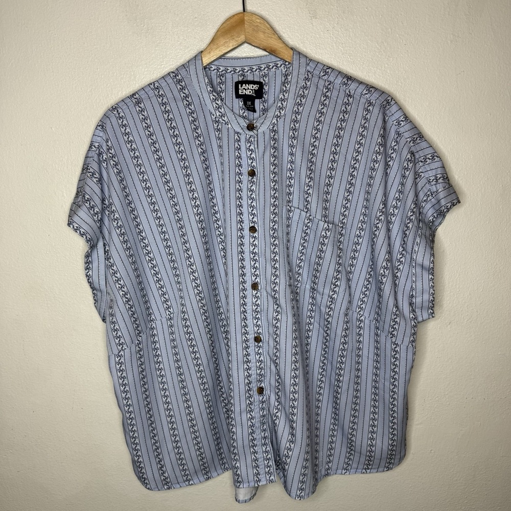 Lands End Blue White Button Front Short Cuffed Sleeve Top Womens 3X Rayon Blend